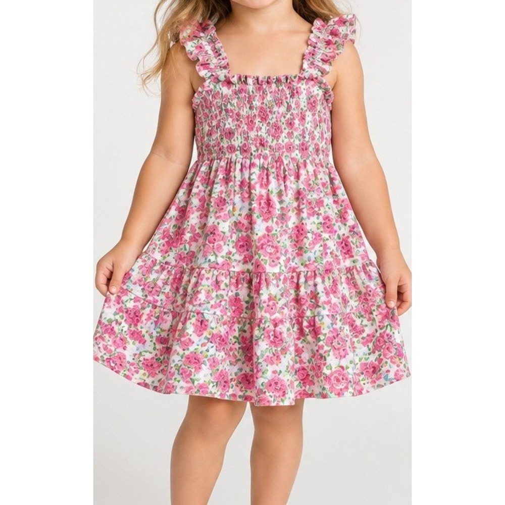 Copper Toddler Girls Pink Floral Smocked Tiered Ruffle Strap Dress Size 2T